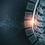 Immagine concettuale di una rete neurale astratta e luminosa sovrapposta a una scansione RM ad alta risoluzione della colonna lombare, simboleggiando l'intelligenza artificiale che migliora la diagnostica medica per la stenosi spinale. Focus nitido sulla colonna vertebrale, effetto profondità di campo, lente prime 35mm, toni blu e grigi duotone.