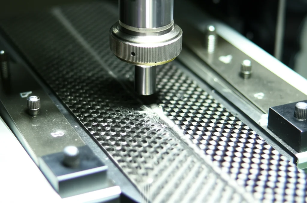 Immagine fotorealistica di un campione di laminato composito in fibra di carbonio [0/90/0/90]s montato su una macchina di prova universale durante un test di flessione a tre punti. Si vede chiaramente il punto di carico centrale e i due supporti. La luce da laboratorio evidenzia la trama della fibra di carbonio e un inizio di danneggiamento al centro del campione. Obiettivo prime 50mm, profondità di campo controllata.