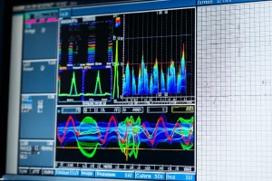 Immagine fotorealistica di un elettrocardiogramma pediatrico analizzato da un'intelligenza artificiale su uno schermo digitale, con grafici colorati CWT (Trasformata Wavelet Continua) visibili. Obiettivo prime 35mm, profondità di campo per mettere a fuoco lo schermo, illuminazione da studio controllata che crea un'atmosfera high-tech ma rassicurante.