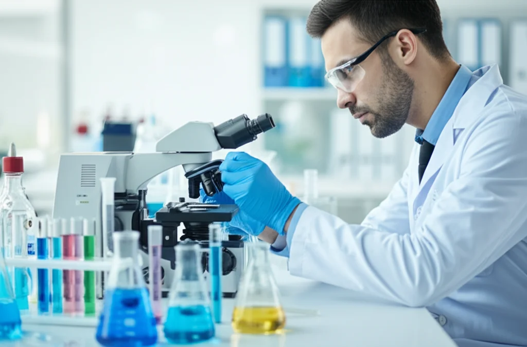 Moderno laboratorio farmaceutico con uno scienziato che utilizza uno spettrofotometro UV-Vis, sullo sfondo fiale e becher con liquidi colorati simboleggianti i concetti di chimica verde, blu e bianca. Lente prime 35mm, profondità di campo che sfoca leggermente lo sfondo, illuminazione da laboratorio brillante e pulita.