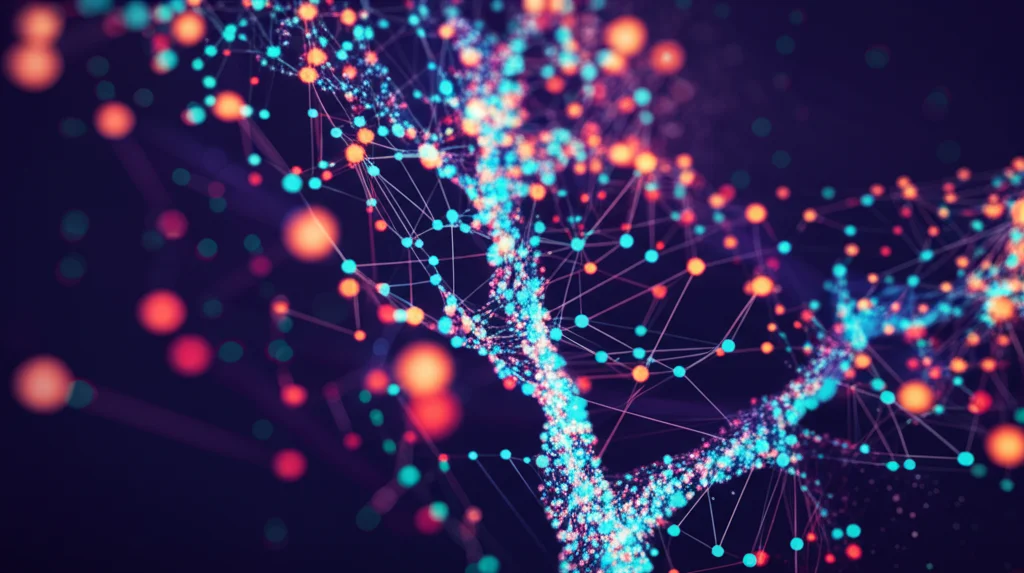 Visualizzazione astratta di dati che si trasformano da una nuvola confusa di punti a un chiaro diagramma ad albero di frequenza, con linee luminose che collegano i nodi. Obiettivo grandangolare 15mm per una prospettiva dinamica, colori vivaci su sfondo scuro.