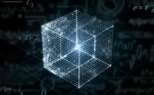 Composizione astratta con un cubo semi-trasparente [0,1]^d fluttuante, contenente punti luminosi distribuiti secondo uno schema di ipercubo latino debole, linee di griglia debolmente visibili, sfondo scuro con formule matematiche sfocate (come L2, integrale), obiettivo 35mm, profondità di campo, tonalità duotone blu e argento.