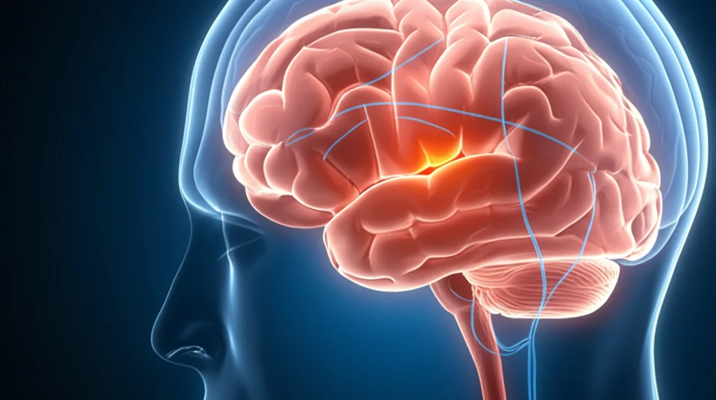 Immagine concettuale fotorealistica del cervello umano visto di lato, con una sezione trasparente che rivela l'area tegmentale ventrale (VTA) al centro, illuminata da un bagliore rosso/arancione intenso che simboleggia l'iperattivazione neuronale legata al dolore viscerale cronico. Sottili connessioni neurali simili a fili luminosi si irradiano dalla VTA verso altre aree cerebrali. Illuminazione drammatica laterale, stile cinematografico high-tech, lente prime 35mm, profondità di campo ridotta per focalizzare sulla VTA.