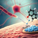Immagine fotorealistica che illustra il concetto di sollievo dal dolore neuropatico diabetico. Si vede una rappresentazione stilizzata di neuroni danneggiati (sfocati sullo sfondo) e in primo piano la molecola LMH-2 che interagisce con i recettori TRPV1 e Sigma-1 su una membrana cellulare. Luce soffusa, focus selettivo sulla molecola e sui recettori. Lente macro 85mm, alta definizione.