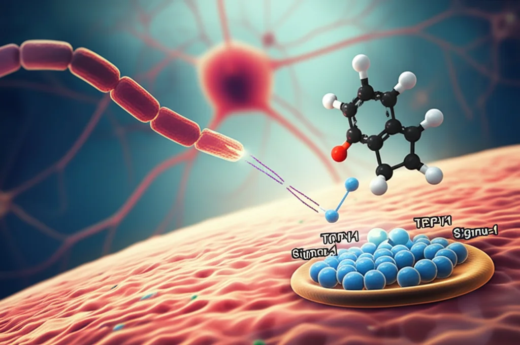 Immagine fotorealistica che illustra il concetto di sollievo dal dolore neuropatico diabetico. Si vede una rappresentazione stilizzata di neuroni danneggiati (sfocati sullo sfondo) e in primo piano la molecola LMH-2 che interagisce con i recettori TRPV1 e Sigma-1 su una membrana cellulare. Luce soffusa, focus selettivo sulla molecola e sui recettori. Lente macro 85mm, alta definizione.