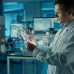 Laboratorio farmaceutico high-tech, scienziato in camice bianco osserva dati su un tablet trasparente con strutture molecolari di Iberdomide fluttuanti digitalmente, sfondo con attrezzature di ricerca avanzate e schermi con grafici PBPK, obiettivo 24mm wide-angle, illuminazione pulita e moderna, sharp focus.