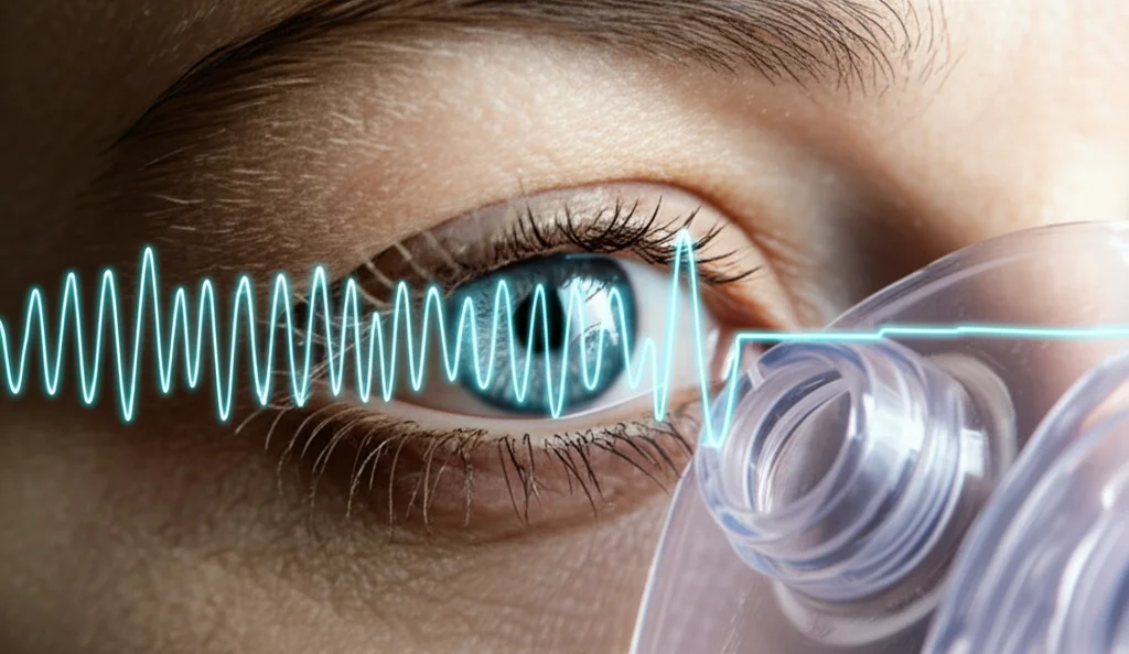 Primo piano di un occhio umano sano con sovrapposta graficamente l'onda di una respirazione regolare e una maschera CPAP stilizzata, simboleggiando la protezione della vista tramite la terapia per l'apnea notturna, obiettivo macro 60mm, alta definizione, illuminazione da studio.