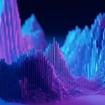 Visualizzazione astratta di un paesaggio di controllo quantistico, colori vibranti blu e viola che formano picchi e valli su una superficie complessa 3D, stile rendering fotorealistico ad alta definizione, illuminazione controllata per evidenziare le strutture, prime lens 35mm, profondità di campo accentuata.