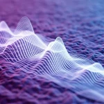 Concetto artistico-scientifico fotorealistico di onde Terahertz (linee energetiche ondulate e traslucide) che interagiscono con la superficie vibrante di una membrana cellulare stilizzata. Effetto di profondità di campo, colori duotone blu e viola, obiettivo prime 35mm, focus sulla dinamica dell'interazione onda-membrana.