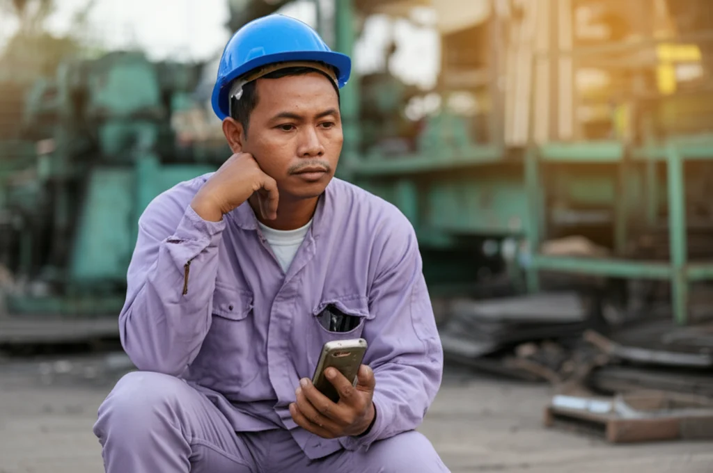 Fotografia realistica di un operaio industriale birmano sulla quarantina, in pausa lavoro all'esterno di una fabbrica a Mandalay. Guarda pensieroso il suo vecchio cellulare che tiene in mano, forse dopo aver letto un SMS. Luce del tardo pomeriggio, obiettivo prime 50mm, profondità di campo ridotta per sfocare lo sfondo industriale. Atmosfera di riflessione e speranza.