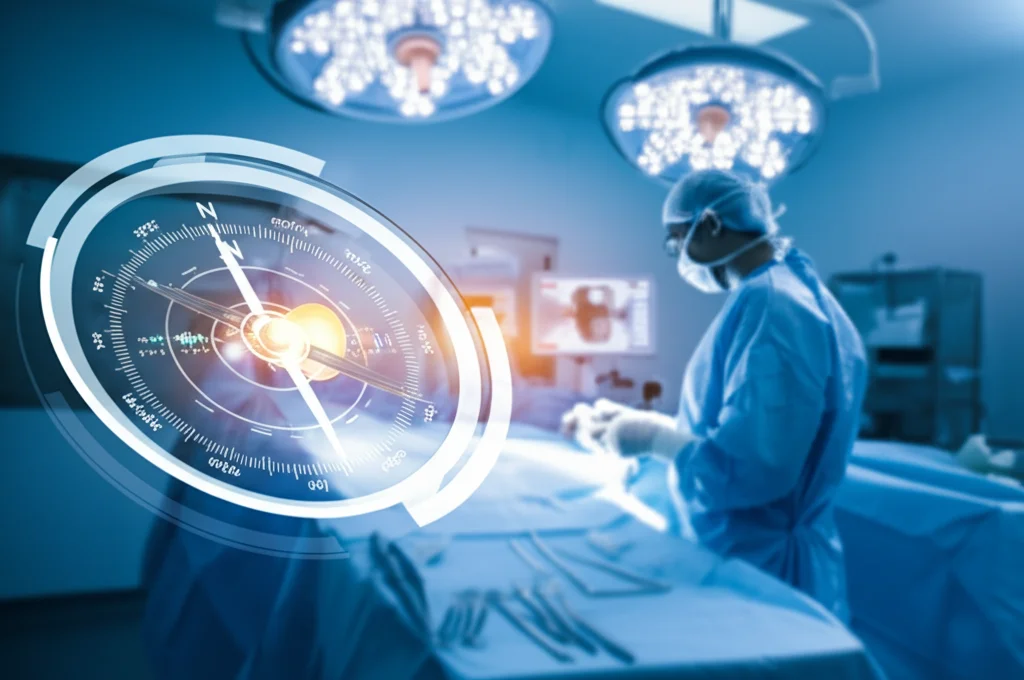 Immagine concettuale di una bussola medica stilizzata che punta con precisione verso una piccola ghiandola paratiroide luminosa, simboleggiando la guida fornita dal monitoraggio PTH intraoperatorio. Lo sfondo è una sala operatoria moderna leggermente sfocata. Colori blu e argento duotone, profondità di campo, illuminazione soffusa ma focalizzata sulla bussola e la ghiandola.