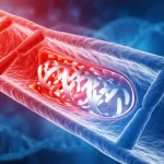 Immagine concettuale di una doppia elica di DNA che si fonde con un'arteria coronaria stilizzata contenente uno stent, illuminata da una luce soffusa blu e rossa, simboleggiando l'interazione tra genetica (CYP2C19) e trattamento (clopidogrel) delle malattie cardiache, wide-angle, 20mm, sharp focus.