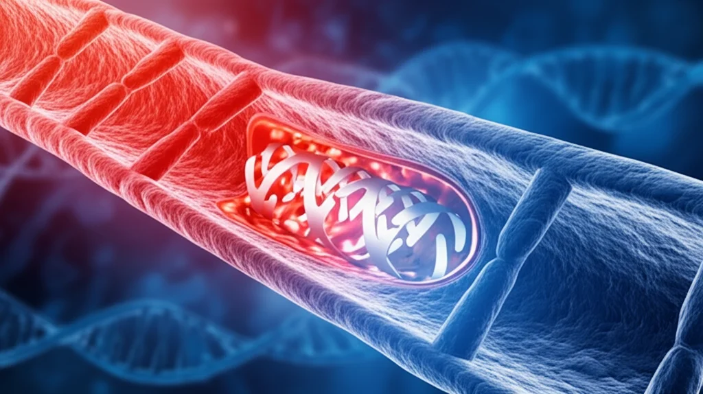 Immagine concettuale di una doppia elica di DNA che si fonde con un'arteria coronaria stilizzata contenente uno stent, illuminata da una luce soffusa blu e rossa, simboleggiando l'interazione tra genetica (CYP2C19) e trattamento (clopidogrel) delle malattie cardiache, wide-angle, 20mm, sharp focus.