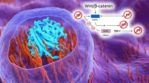 Immagine concettuale scientifica che mostra la proteina LIMA1 (stilizzata in blu brillante) interagire con il citoscheletro di actina (filamenti rossi) all'interno di una cellula tumorale della vescica (sfondo traslucido viola). In background, il pathway Wnt/β-catenin è mostrato come inibito (simboli di blocco rossi). Visualizzazione 3D, alta definizione, illuminazione drammatica, stile scientifico-artistico.