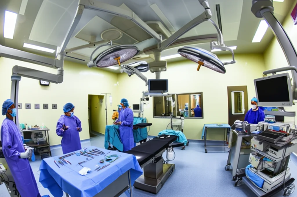 Immagine grandangolare di una sala operatoria moderna ma essenziale in un ospedale africano (Addis Abeba, Etiopia), con attrezzature per chirurgia spinale visibili (monitor, lampade scialitiche, tavolo operatorio), luce ambientale mista a quella chirurgica intensa sul campo operatorio, obiettivo 18mm, messa a fuoco nitida su tutta la scena per mostrare il contesto dello studio.