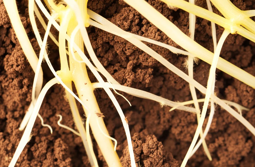 Macro fotografia di radici di soia nel terreno fertile, obiettivo macro 90mm, alta definizione, illuminazione controllata, mostrando la rizosfera e i microrganismi del suolo in dettaglio.