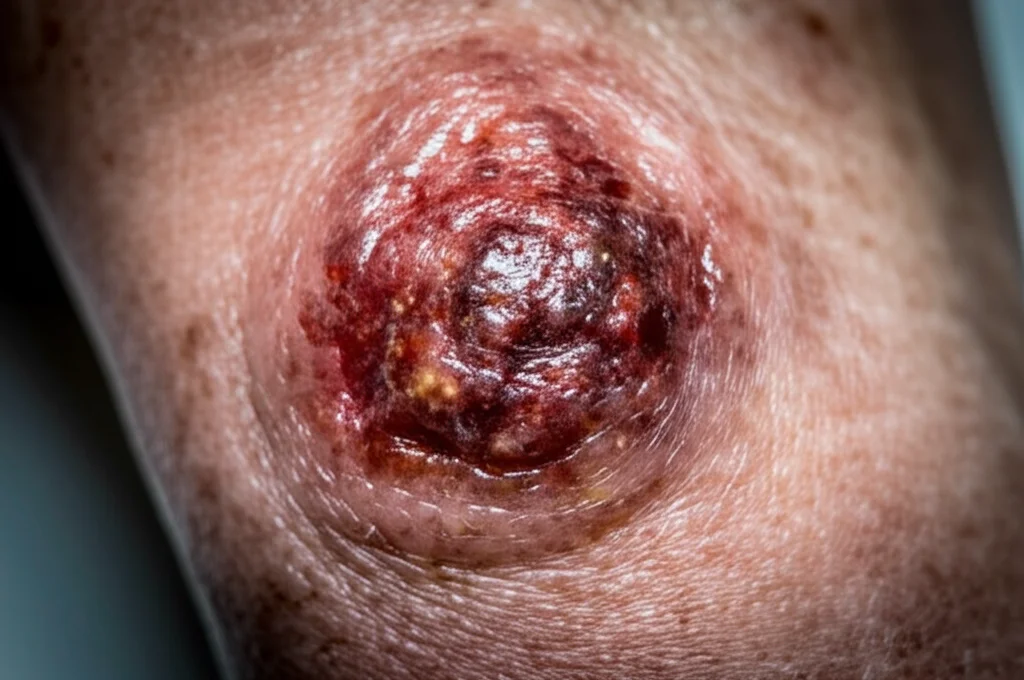 Primo piano di un'ulcera cutanea complessa sulla gamba che mima un'ulcera crurale, con sovrapposto un grafico stilizzato di immunoglobuline anomale (paraproteina IgG kappa) a simboleggiare il mieloma smoldering sottostante, illuminazione drammatica, obiettivo macro 70mm, alta definizione.