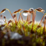 Primo piano estremo di muschio Pohlia nutans antartico che mostra goccioline di rugiada o ghiaccio sulle sue piccole foglie verdi, catturato con obiettivo macro 105mm, alta definizione, messa a fuoco precisa sulle strutture del muschio, illuminazione naturale fredda che enfatizza l'ambiente antartico.