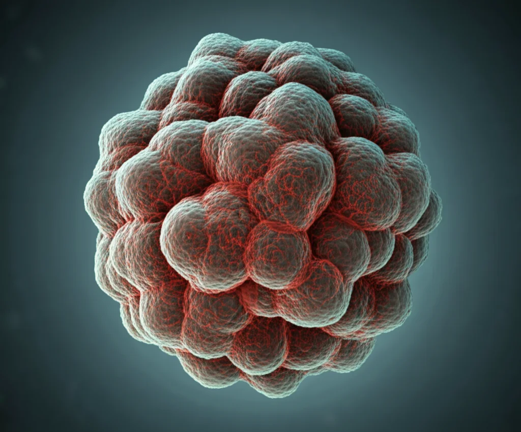 Visualizzazione 3D fotorealistica di cellule di meningioma che formano uno sferoide complesso all'interno di una matrice di idrogel trasparente, illuminato per evidenziare la struttura tridimensionale. Stile macro, alta definizione, focus nitido sullo sferoide.