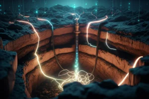 Visualizzazione artistica fotorealistica di eliche di DNA luminescenti che fluttuano all'interno di una rappresentazione stilizzata di strati rocciosi sotterranei, con un pozzo di iniezione e uno di produzione collegati da questi flussi luminosi. Illuminazione drammatica dal basso, stile cinematografico high-tech, lente 35mm.