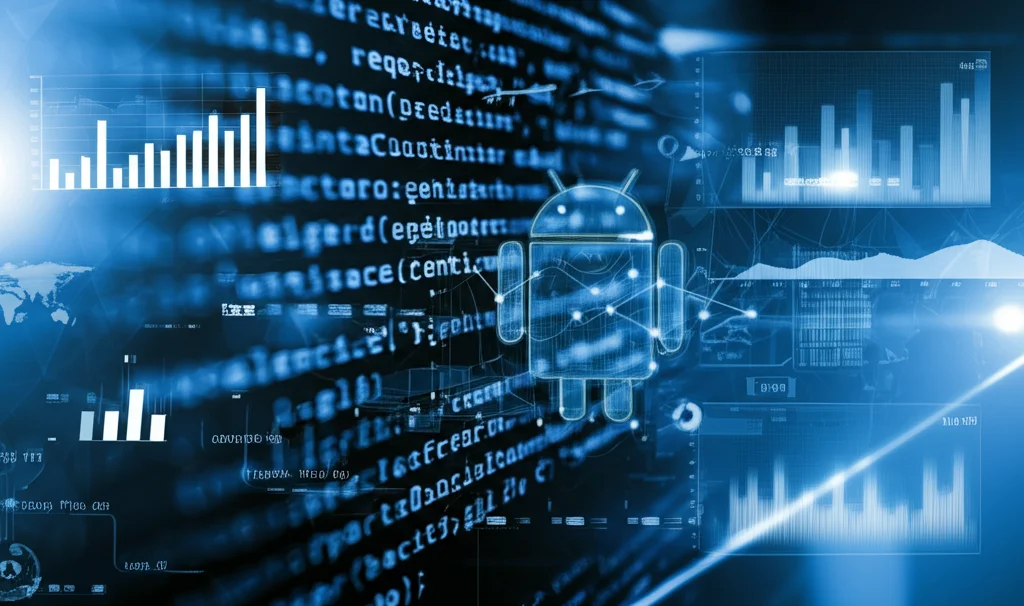 Close-up, 50mm prime lens, depth of field, linee di codice Android luminose su uno schermo futuristico con grafici astratti a rete sovrapposti che rappresentano modelli predittivi di IA che analizzano la propensione al cambiamento del software, tonalità duotone blu e ciano.
