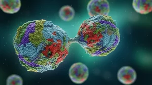 Concetto di interazione farmacologica: due diverse molecole stilizzate 3D che si avvicinano e si connettono su uno sfondo astratto blu e verde sfumato, illuminazione drammatica laterale, profondità di campo ridotta, obiettivo 35mm, stile fotorealistico.