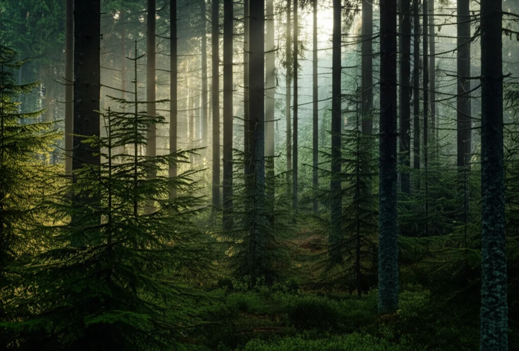 Foresta di giovani abeti rossi (Norway spruce) in Norvegia, luce mattutina diffusa che filtra tra i rami, alcuni alberi più alti dominanti, altri più piccoli e fitti. Obiettivo grandangolare 24mm, messa a fuoco nitida, leggera profondità di campo per separare gli alberi in primo piano dal fondo più sfocato, atmosfera fresca e umida.