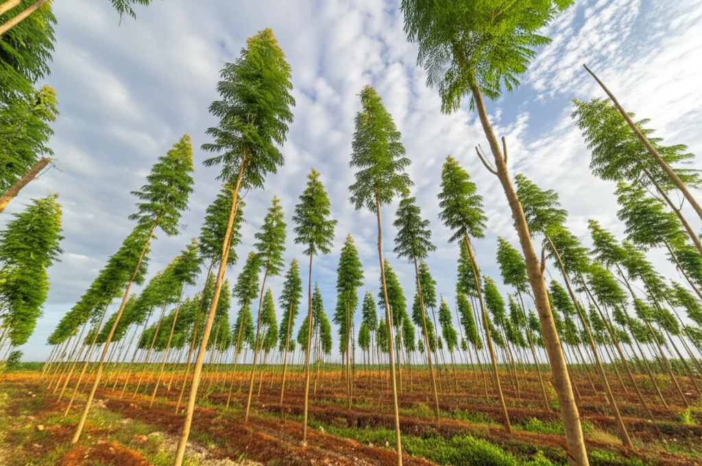 Fotografia di paesaggio, wide-angle 18mm, di una piantagione ordinata di Acacia auriculiformis in Vietnam, che mostra alberi sani e dritti in file ordinate sotto un cielo parzialmente nuvoloso, messa a fuoco nitida, luce naturale del tardo pomeriggio.