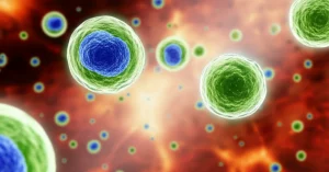 Immagine concettuale fotorealistica che mostra linfociti B stilizzati (transizionali evidenziati in verde, CD21-PD-1+ in blu) che fluttuano in un microambiente sanguigno. Alcuni si muovono verso una zona luminosa simboleggiante la 'remissione', mentre sullo sfondo si intravede un'area più scura e infiammata rappresentante l'artrite reumatoide attiva. Dettaglio elevato sulle cellule con marcatori di superficie visibili, illuminazione drammatica ma speranzosa, obiettivo macro 80mm, profondità di campo ridotta.