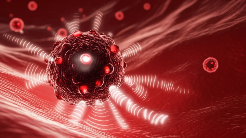 Immagine macro fotorealistica, obiettivo 100mm, che mostra nanoparticelle futuristiche brillare debolmente di rosso ed emettere piccole onde di calore all'interno di una rappresentazione stilizzata del flusso sanguigno vicino a una cellula cancerosa, alto dettaglio, messa a fuoco precisa, illuminazione drammatica controllata.