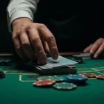 Primo piano di mani che mescolano delle carte da gioco su un tavolo verde da casinò, con alcune fiches colorate sparse intorno. L'illuminazione è drammatica, stile film noir, con forti contrasti tra luci e ombre, obiettivo 50mm, profondità di campo ridotta per focalizzare l'attenzione sulle mani e le carte.