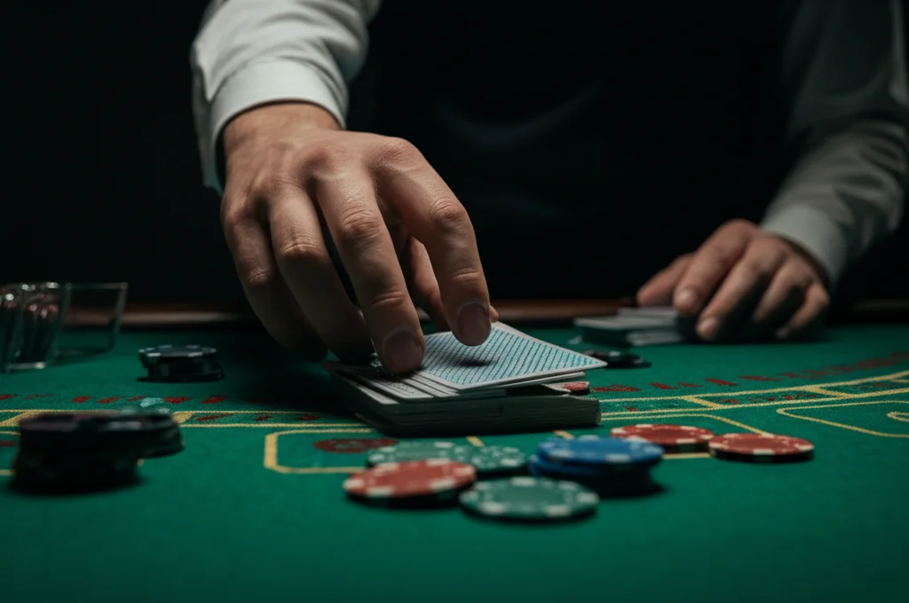 Primo piano di mani che mescolano delle carte da gioco su un tavolo verde da casinò, con alcune fiches colorate sparse intorno. L'illuminazione è drammatica, stile film noir, con forti contrasti tra luci e ombre, obiettivo 50mm, profondità di campo ridotta per focalizzare l'attenzione sulle mani e le carte.