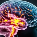 Rappresentazione fotorealistica del cervello umano che mostra le connessioni neurali alterate tra la corteccia occipitale laterale (LOC) e il giro frontale inferiore (IFG) nel contesto del dolore cronico e dell'uso di oppioidi. Stile scientifico ma artistico, macro lens 85mm, illuminazione focalizzata sulle connessioni, sfondo scuro per enfasi.
