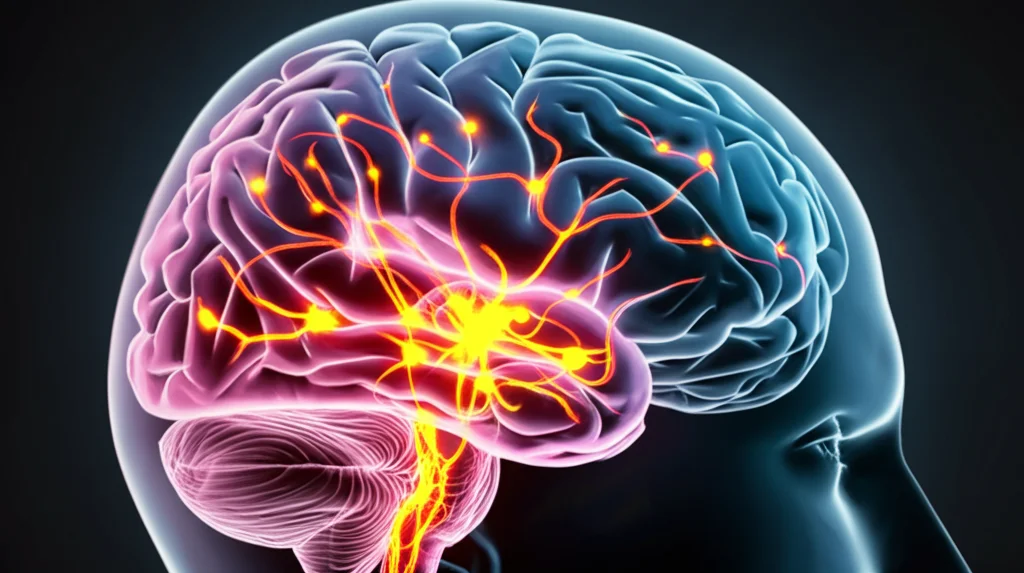 Rappresentazione fotorealistica del cervello umano che mostra le connessioni neurali alterate tra la corteccia occipitale laterale (LOC) e il giro frontale inferiore (IFG) nel contesto del dolore cronico e dell'uso di oppioidi. Stile scientifico ma artistico, macro lens 85mm, illuminazione focalizzata sulle connessioni, sfondo scuro per enfasi.