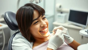Ritratto fotografico di un adolescente sorridente seduto sulla poltrona del dentista, con il dentista che esamina delicatamente i suoi denti. Luce clinica morbida, obiettivo prime 35mm, profondità di campo per mettere a fuoco il paziente e il dentista, sfondo leggermente sfocato dello studio dentistico. L'atmosfera è positiva e rassicurante.
