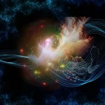 Visualizzazione artistica di una varietà algebrica complessa su cui si intrecciano curve luminose (simbolo delle curve di intersezione completa) e strutture simili a torsori, illuminate da una luce che ne rivela la struttura interna (simbolo dello splitting delle classi di Brauer). Wide-angle lens, 18mm, sharp focus, long exposure per le curve luminose, sfondo cosmico astratto.