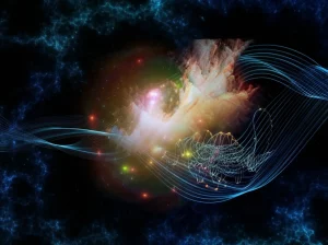 Visualizzazione artistica di una varietà algebrica complessa su cui si intrecciano curve luminose (simbolo delle curve di intersezione completa) e strutture simili a torsori, illuminate da una luce che ne rivela la struttura interna (simbolo dello splitting delle classi di Brauer). Wide-angle lens, 18mm, sharp focus, long exposure per le curve luminose, sfondo cosmico astratto.