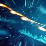 Visualizzazione astratta di dati digitali e grafici finanziari fluttuanti su uno sfondo scuro, simboleggiando l'incertezza e l'ottimizzazione nel marketing online, obiettivo grandangolare 15mm, lunga esposizione per scie luminose, messa a fuoco nitida.