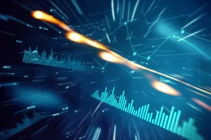 Visualizzazione astratta di dati digitali e grafici finanziari fluttuanti su uno sfondo scuro, simboleggiando l'incertezza e l'ottimizzazione nel marketing online, obiettivo grandangolare 15mm, lunga esposizione per scie luminose, messa a fuoco nitida.