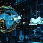 Visualizzazione astratta high-tech dell'algoritmo ACRIME che analizza e ottimizza un complesso flusso di dati rappresentato da linee luminose blu e dorate interconnesse su uno sfondo scuro, con elementi simbolici dell'educazione globale (mappamondo stilizzato, libri aperti) integrati nel flusso. Obiettivo 50mm, profondità di campo ridotta per focalizzare l'attenzione sul nucleo dell'algoritmo.