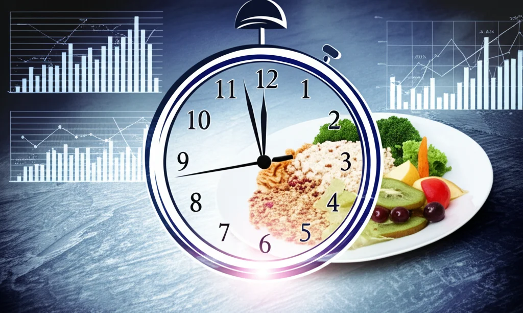 Composizione concettuale sulla crononutrizione: un orologio stilizzato fuso con un piatto contenente cibo sano (frutta, verdura, cereali integrali). Sullo sfondo, grafici astratti che rappresentano ritmi circadiani. Illuminazione morbida e controllata, obiettivo macro 85mm, alta definizione, focus sul piatto e l'orologio.