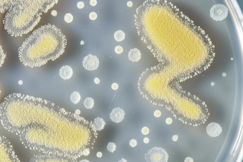 Fotografia macro con lente da 100mm di polvere di plastica PET bianca in una piastra di Petri, con colonie batteriche giallastre visibili che crescono sulla superficie, suggerendo biodegradazione. Illuminazione controllata, alta definizione, messa a fuoco precisa sulla texture della plastica e delle colonie.
