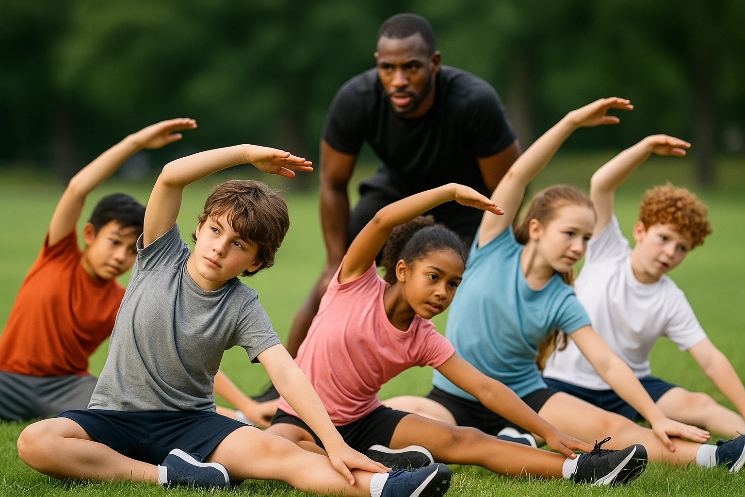 Gruppo di bambini diversi (8-12 anni) che eseguono esercizi di stretching sull'erba sotto la supervisione di un adulto, fotografia sportiva