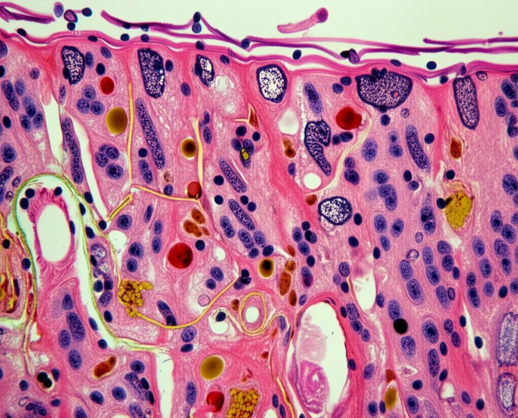 Illustrazione fotorealistica di una sezione trasversale di muscolo scheletrico, 35mm prime lens, profondità di campo, che evidenzia con colori distinti le vie di segnalazione mTOR, NRF2 e HIF mentre controllano l'omeostasi del ferro (ioni di ferro visibili) e la ferritinofagia (autofagosomi che inglobano ferritina), mostrando dettagli cellulari e mitocondriali in stile scientifico ma visivamente accattivante.