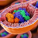 Illustrazione scientifica 3D ad alta definizione di un purinosoma, visualizzato come un complesso dinamico di enzimi (sfere colorate interconnesse) all'interno di una sezione trasversale di una cellula di carcinoma epatocellulare. Obiettivo macro 100mm, illuminazione controllata che evidenzia la struttura complessa su uno sfondo cellulare sfocato. Colori vibranti rappresentano l'intensa attività metabolica.