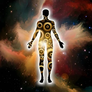Immagine concettuale che rappresenta l'integrazione tra mente e spirito: una silhouette umana luminosa contiene sia ingranaggi stilizzati (simbolo della psicologia) che una nebulosa cosmica (simbolo della spiritualità/trascendenza), fusi armoniosamente. Stile fotografico realistico ma simbolico, obiettivo 50mm, colori caldi e freddi bilanciati, sfondo neutro.