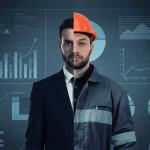 Immagine concettuale raffigurante una persona divisa a metà: da un lato indossa un abito da manager/proprietario d'azienda davanti a grafici aziendali, dall'altro lato indossa una tuta da lavoro operaio. Stile fotorealistico, obiettivo 50mm, illuminazione drammatica per evidenziare il contrasto, duotone blu e grigio.