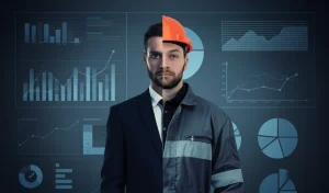 Immagine concettuale raffigurante una persona divisa a metà: da un lato indossa un abito da manager/proprietario d'azienda davanti a grafici aziendali, dall'altro lato indossa una tuta da lavoro operaio. Stile fotorealistico, obiettivo 50mm, illuminazione drammatica per evidenziare il contrasto, duotone blu e grigio.