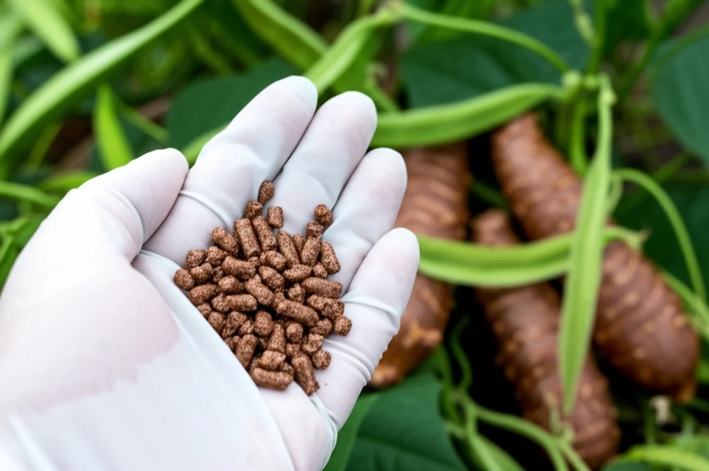 Primo piano di pellet marroni a base di tubero di fagiolo alato in una mano guantata da laboratorio, con sfondo sfocato di tuberi freschi e piante di fagiolo alato. Macro lens, 90mm, high detail, precise focusing, controlled lighting.