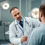 Un medico specializzando senior che guida con calma e professionalità un collega più giovane durante una simulazione di abilità clinica complessa. Ambiente ospedaliero simulato, luce soffusa ma focalizzata sull'interazione. Obiettivo prime 50mm, profondità di campo per isolare i soggetti.